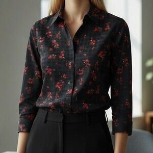 Taylor Investments Gold Label Women's 6 Black Floral Button Shirt 100% Cotton